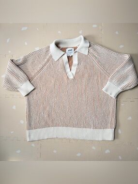 aerie Cream and Tan Striped V‑Neck Polo Sweater